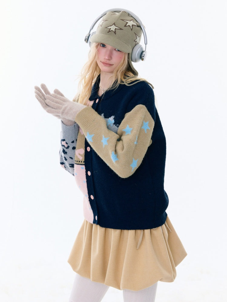 Print Contrast Splicing Soft Glutinous Lazy Sweater Cardigan Jacket【s0000015275】