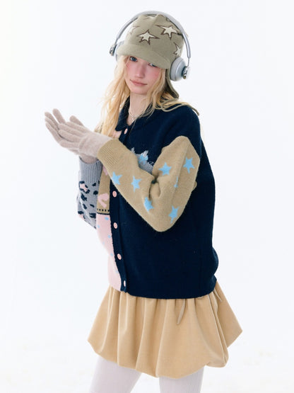 Print Contrast Splicing Soft Glutinous Lazy Sweater Cardigan Jacket【s0000015275】