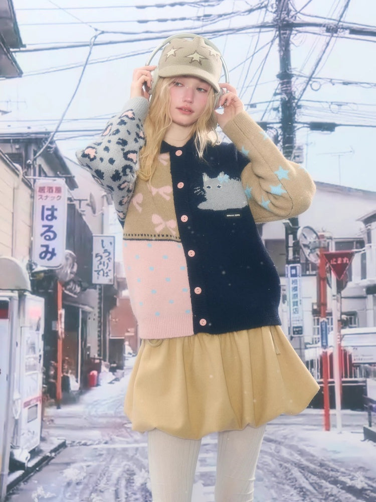 Print Contrast Splicing Soft Glutinous Lazy Sweater Cardigan Jacket【s0000015275】