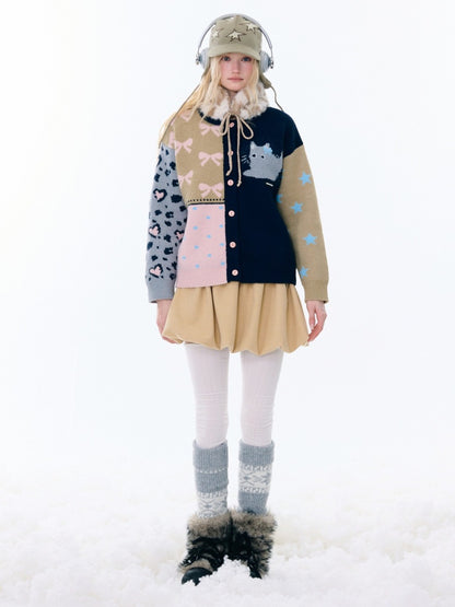 Print Contrast Splicing Soft Glutinous Lazy Sweater Cardigan Jacket【s0000015275】