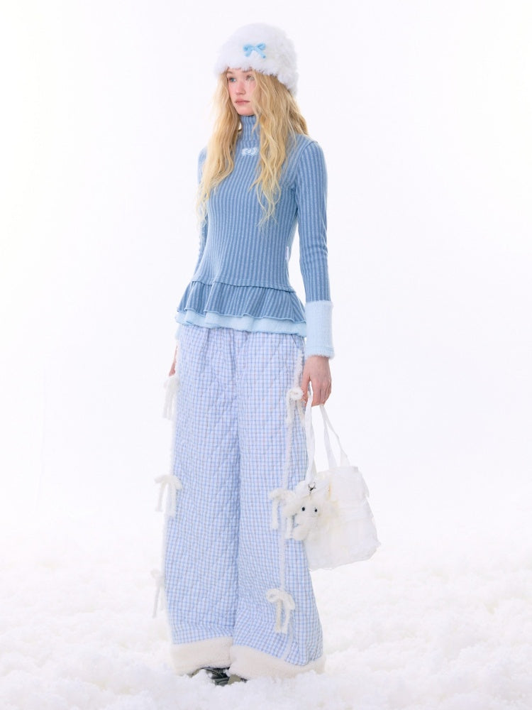 High Neck Vertical Stripe Hem Slim Top Knitted Base Layer【s0000015276】