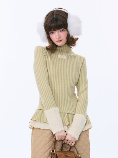 High Neck Vertical Stripe Hem Slim Top Knitted Base Layer【s0000015276】