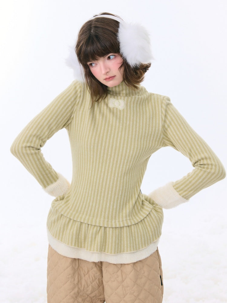 High Neck Vertical Stripe Hem Slim Top Knitted Base Layer【s0000015276】