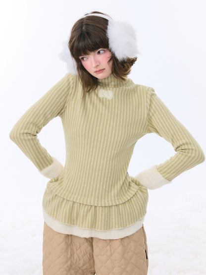 High Neck Vertical Stripe Hem Slim Top Knitted Base Layer【s0000015276】
