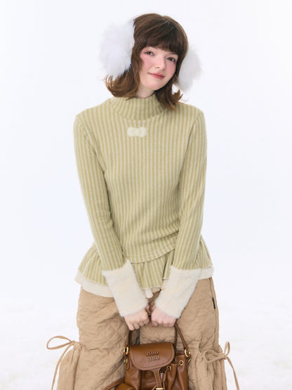 High Neck Vertical Stripe Hem Slim Top Knitted Base Layer【s0000015276】