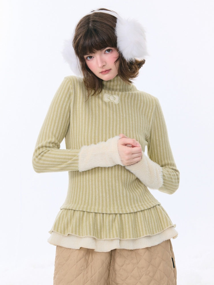 High Neck Vertical Stripe Hem Slim Top Knitted Base Layer【s0000015276】