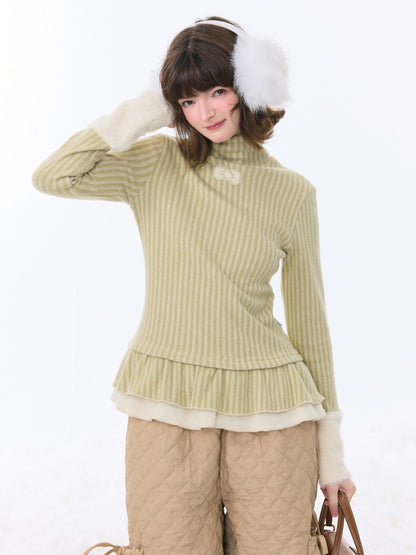 High Neck Vertical Stripe Hem Slim Top Knitted Base Layer【s0000015276】