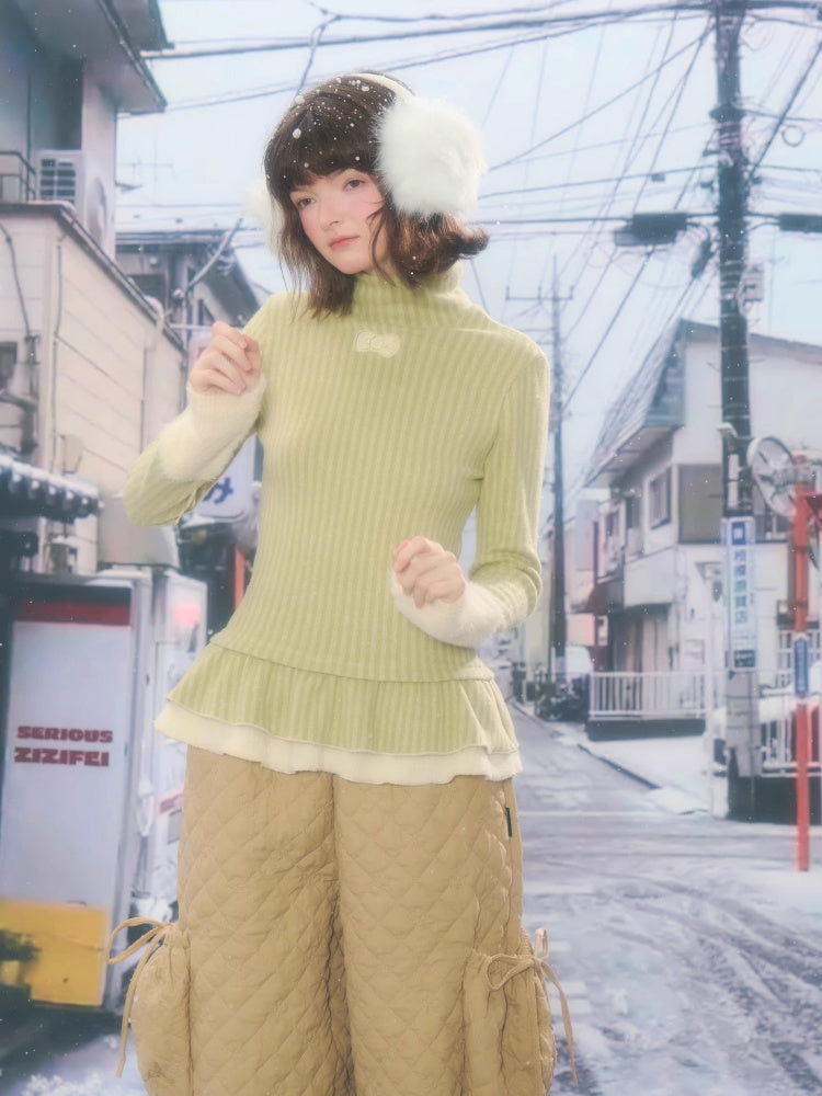 High Neck Vertical Stripe Hem Slim Top Knitted Base Layer【s0000015276】