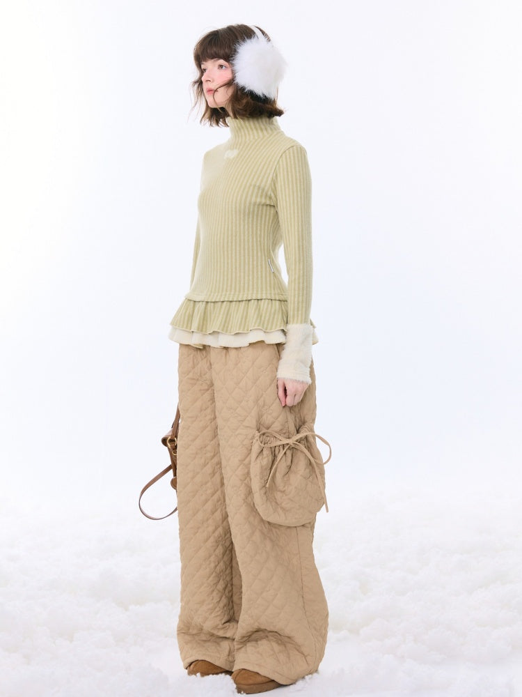 High Neck Vertical Stripe Hem Slim Top Knitted Base Layer【s0000015276】