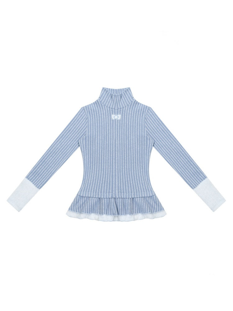 High Neck Vertical Stripe Hem Slim Top Knitted Base Layer【s0000015276】