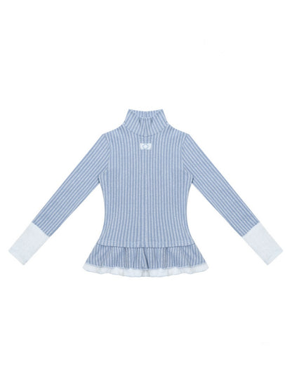High Neck Vertical Stripe Hem Slim Top Knitted Base Layer【s0000015276】