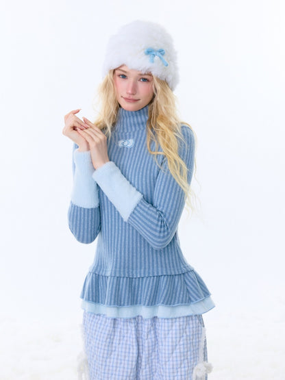 High Neck Vertical Stripe Hem Slim Top Knitted Base Layer【s0000015276】