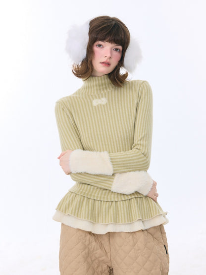High Neck Vertical Stripe Hem Slim Top Knitted Base Layer【s0000015276】