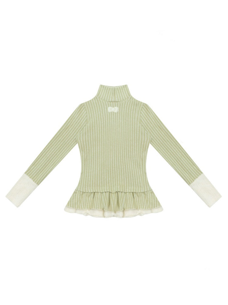 High Neck Vertical Stripe Hem Slim Top Knitted Base Layer【s0000015276】