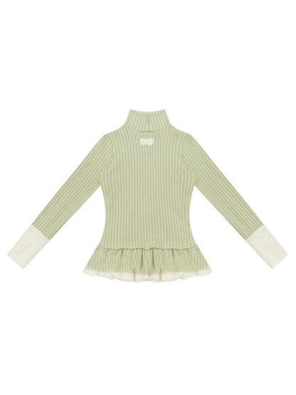 High Neck Vertical Stripe Hem Slim Top Knitted Base Layer【s0000015276】