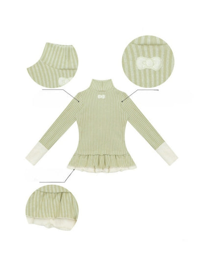 High Neck Vertical Stripe Hem Slim Top Knitted Base Layer【s0000015276】
