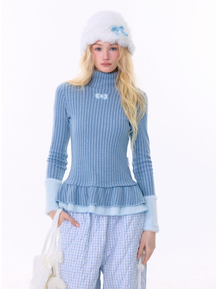 High Neck Vertical Stripe Hem Slim Top Knitted Base Layer【s0000015276】