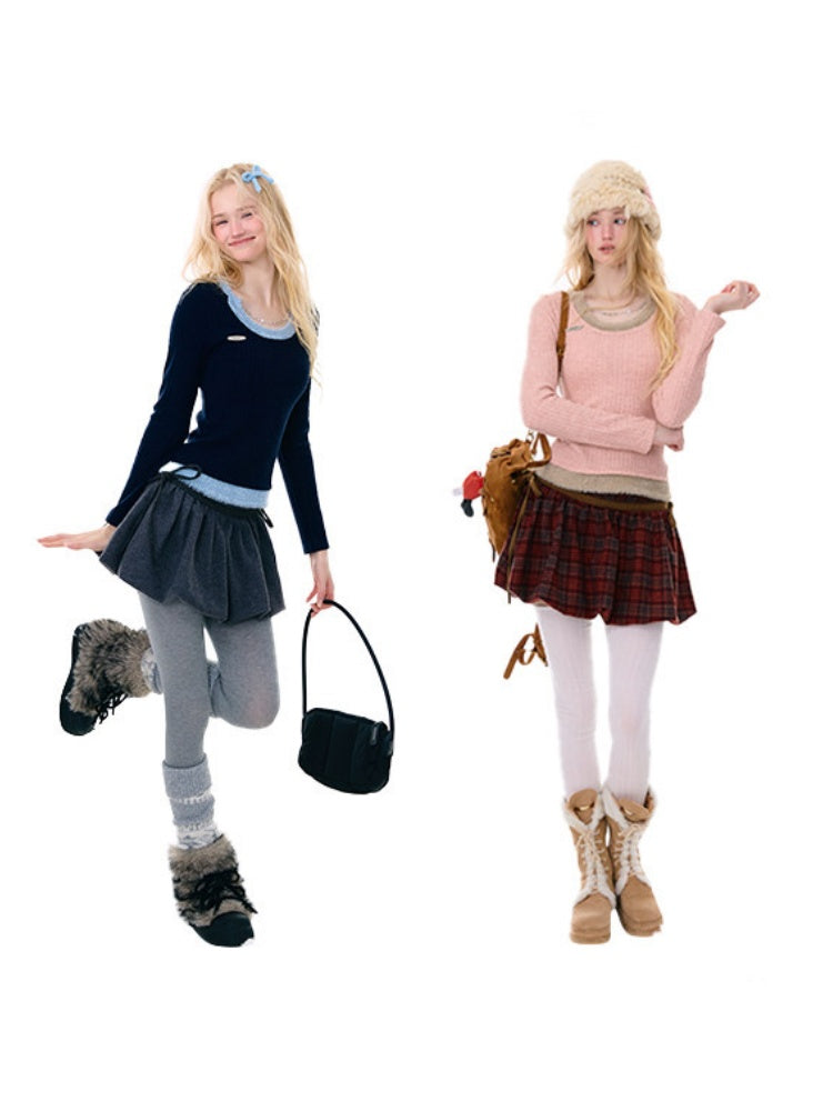 Big U-Neck Chain Fake Two Pieces Slimming Top Knitted Base Shirt【s0000015277】
