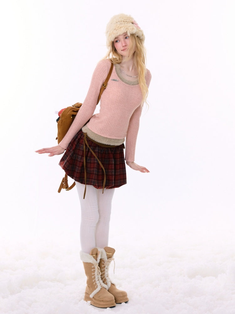 Big U-Neck Chain Fake Two Pieces Slimming Top Knitted Base Shirt【s0000015277】