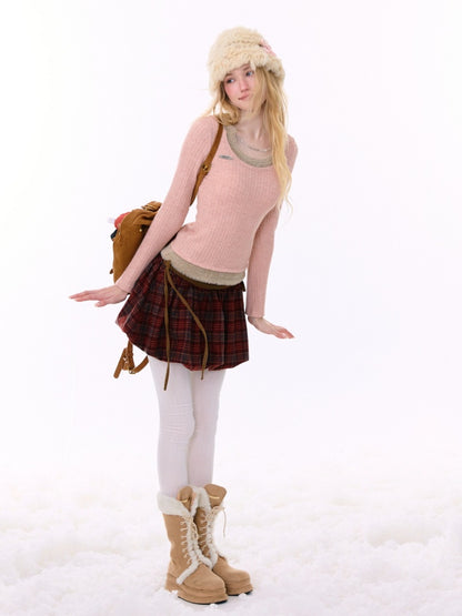 Big U-Neck Chain Fake Two Pieces Slimming Top Knitted Base Shirt【s0000015277】
