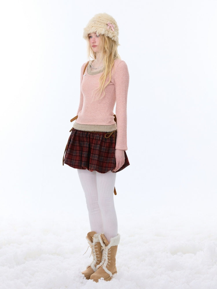 Big U-Neck Chain Fake Two Pieces Slimming Top Knitted Base Shirt【s0000015277】