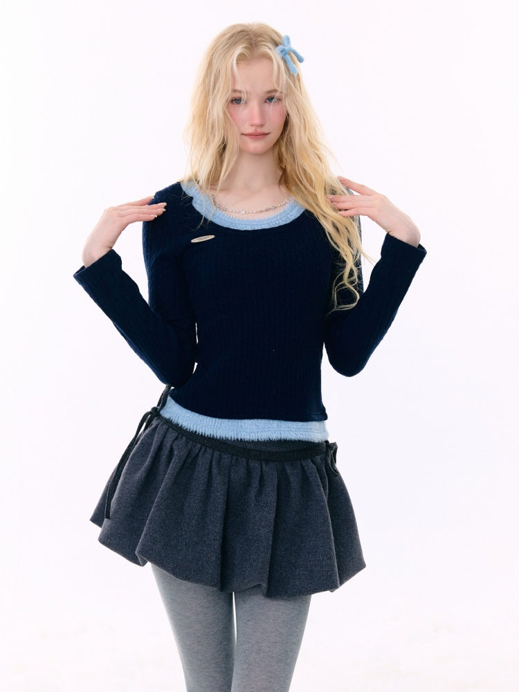 Big U-Neck Chain Fake Two Pieces Slimming Top Knitted Base Shirt【s0000015277】