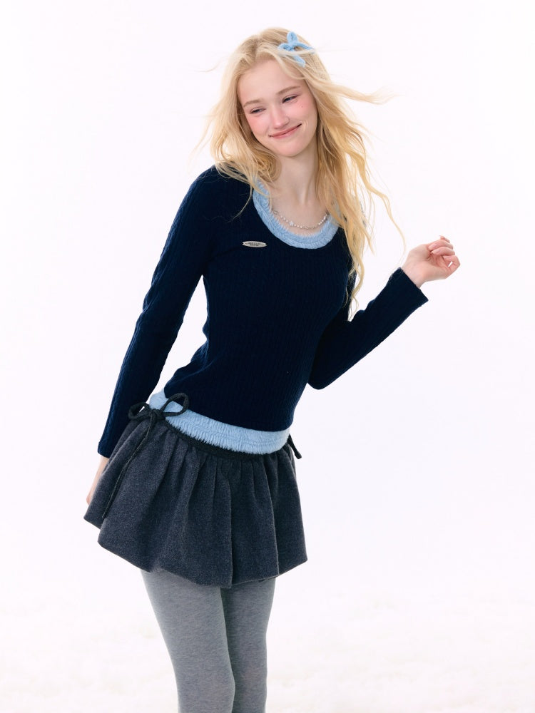 Big U-Neck Chain Fake Two Pieces Slimming Top Knitted Base Shirt【s0000015277】