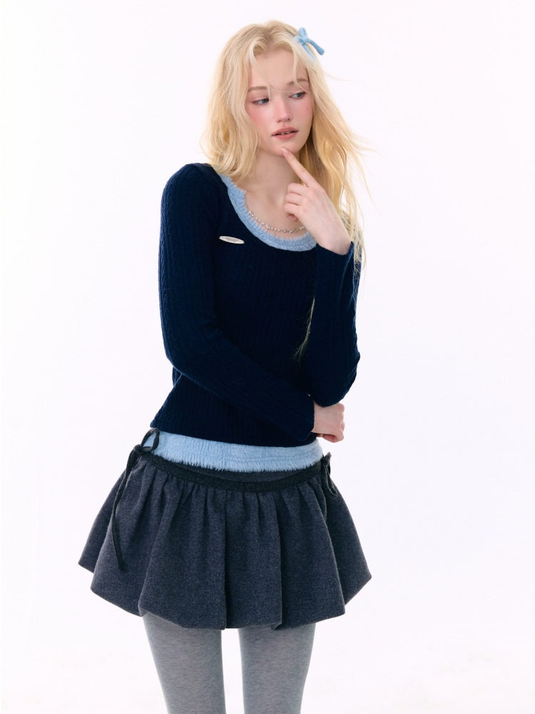 Big U-Neck Chain Fake Two Pieces Slimming Top Knitted Base Shirt【s0000015277】
