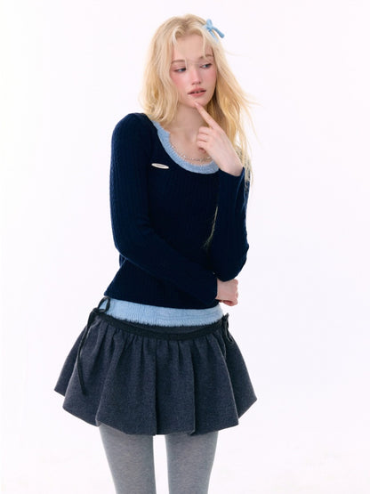 Big U-Neck Chain Fake Two Pieces Slimming Top Knitted Base Shirt【s0000015277】