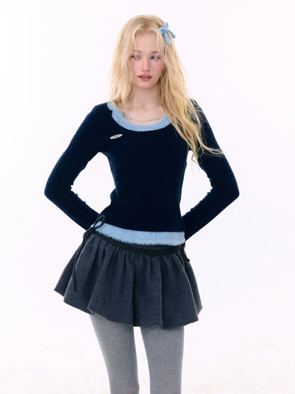 Big U-Neck Chain Fake Two Pieces Slimming Top Knitted Base Shirt【s0000015277】