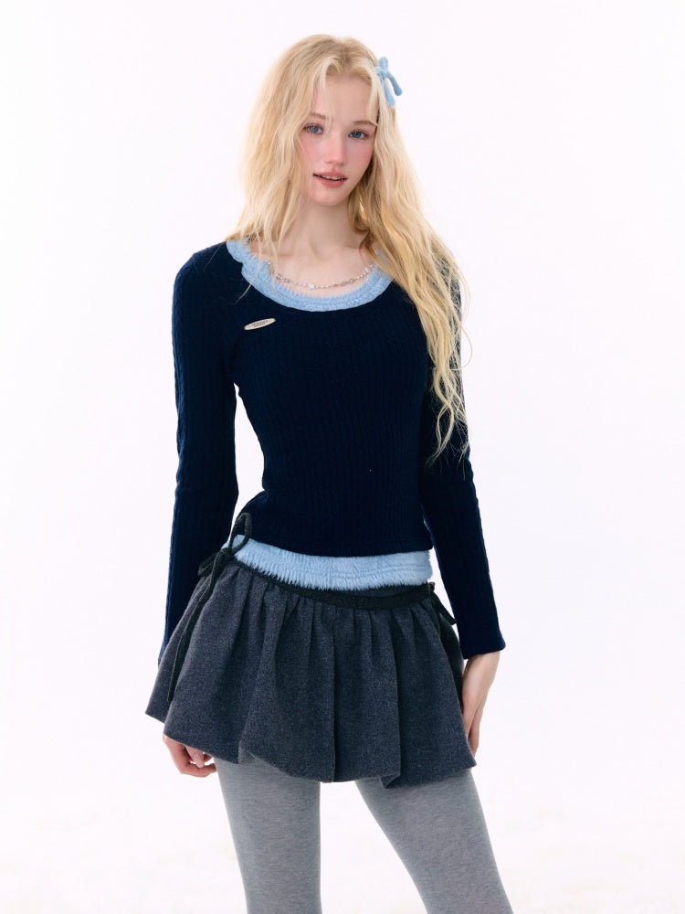 Big U-Neck Chain Fake Two Pieces Slimming Top Knitted Base Shirt【s0000015277】