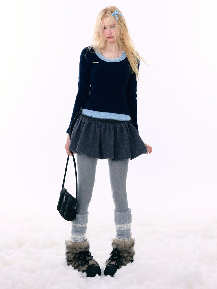 Big U-Neck Chain Fake Two Pieces Slimming Top Knitted Base Shirt【s0000015277】