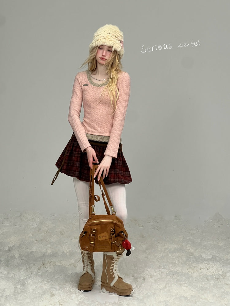 Big U-Neck Chain Fake Two Pieces Slimming Top Knitted Base Shirt【s0000015277】