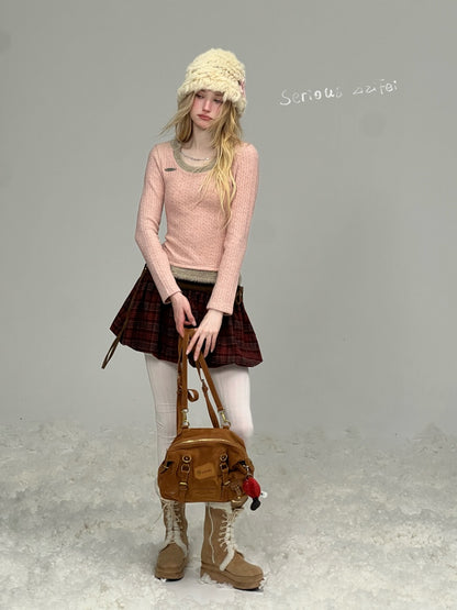 Big U-Neck Chain Fake Two Pieces Slimming Top Knitted Base Shirt【s0000015277】
