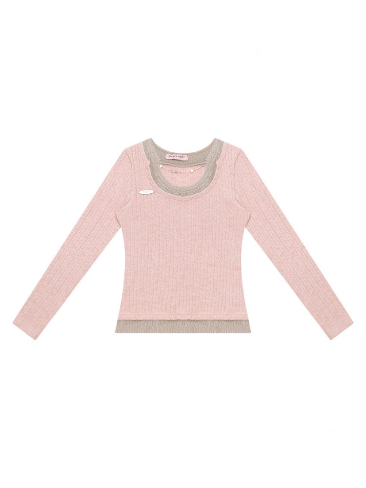Big U-Neck Chain Fake Two Pieces Slimming Top Knitted Base Shirt【s0000015277】