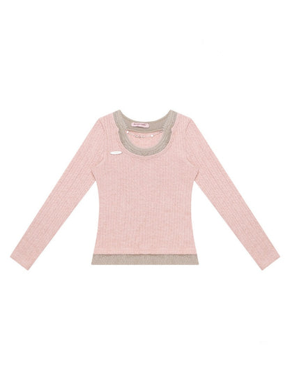 Big U-Neck Chain Fake Two Pieces Slimming Top Knitted Base Shirt【s0000015277】
