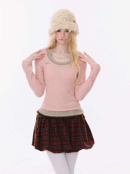 Big U-Neck Chain Fake Two Pieces Slimming Top Knitted Base Shirt【s0000015277】
