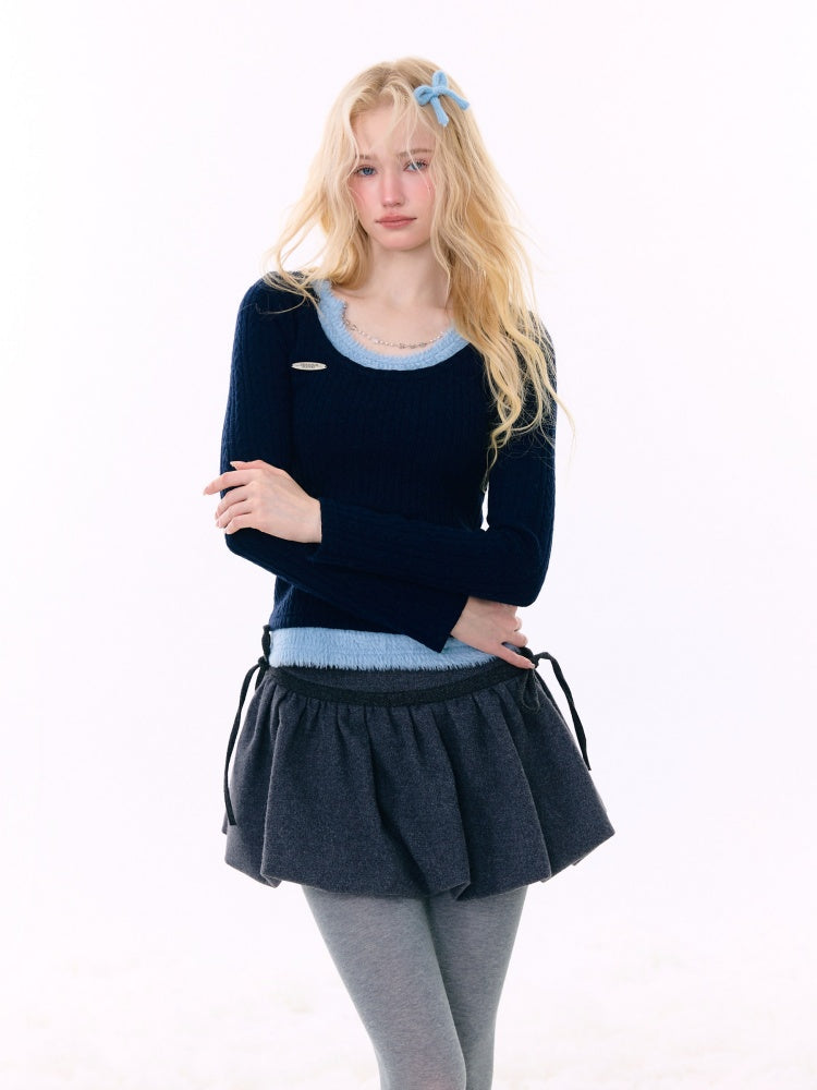 Big U-Neck Chain Fake Two Pieces Slimming Top Knitted Base Shirt【s0000015277】