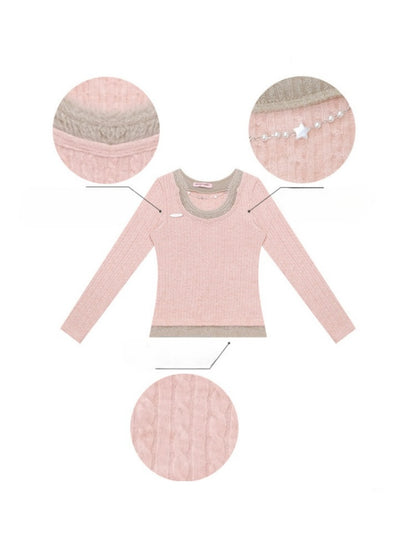 Big U-Neck Chain Fake Two Pieces Slimming Top Knitted Base Shirt【s0000015277】