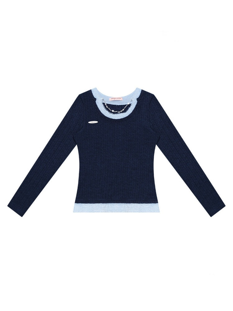 Big U-Neck Chain Fake Two Pieces Slimming Top Knitted Base Shirt【s0000015277】