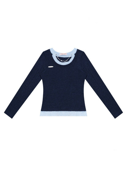 Big U-Neck Chain Fake Two Pieces Slimming Top Knitted Base Shirt【s0000015277】