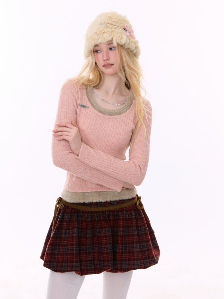 Big U-Neck Chain Fake Two Pieces Slimming Top Knitted Base Shirt【s0000015277】