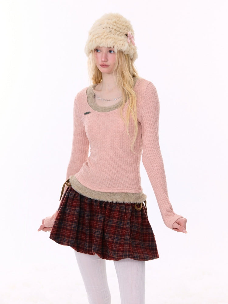Big U-Neck Chain Fake Two Pieces Slimming Top Knitted Base Shirt【s0000015277】