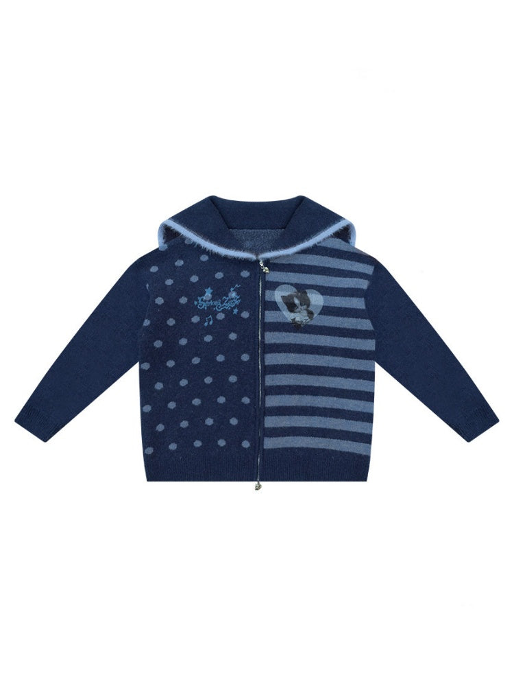 Navy Collar Print Slimming Sweater Cardigan Jacket【s0000015279】