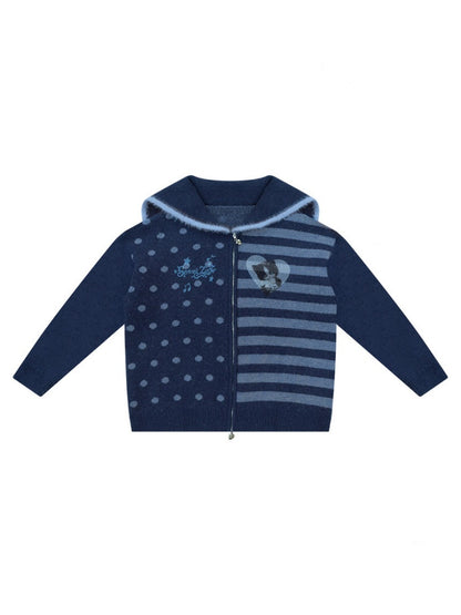 Navy Collar Print Slimming Sweater Cardigan Jacket【s0000015279】