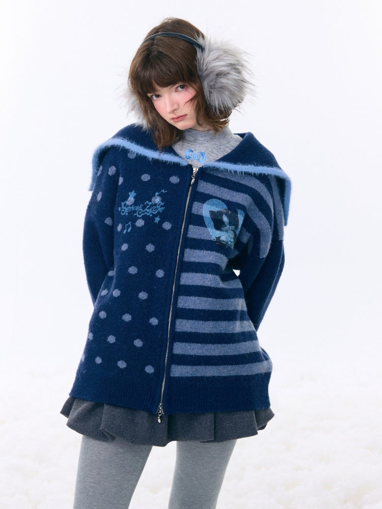 Navy Collar Print Slimming Sweater Cardigan Jacket【s0000015279】