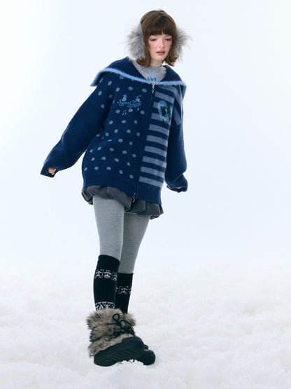 Navy Collar Print Slimming Sweater Cardigan Jacket【s0000015279】