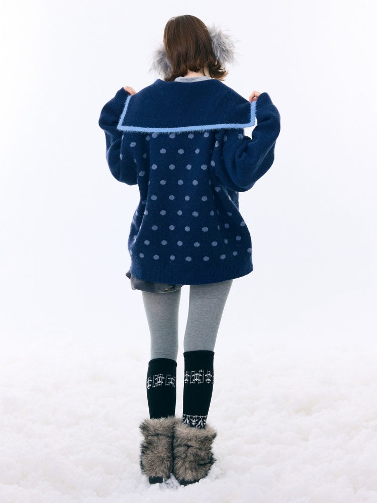 Navy Collar Print Slimming Sweater Cardigan Jacket【s0000015279】