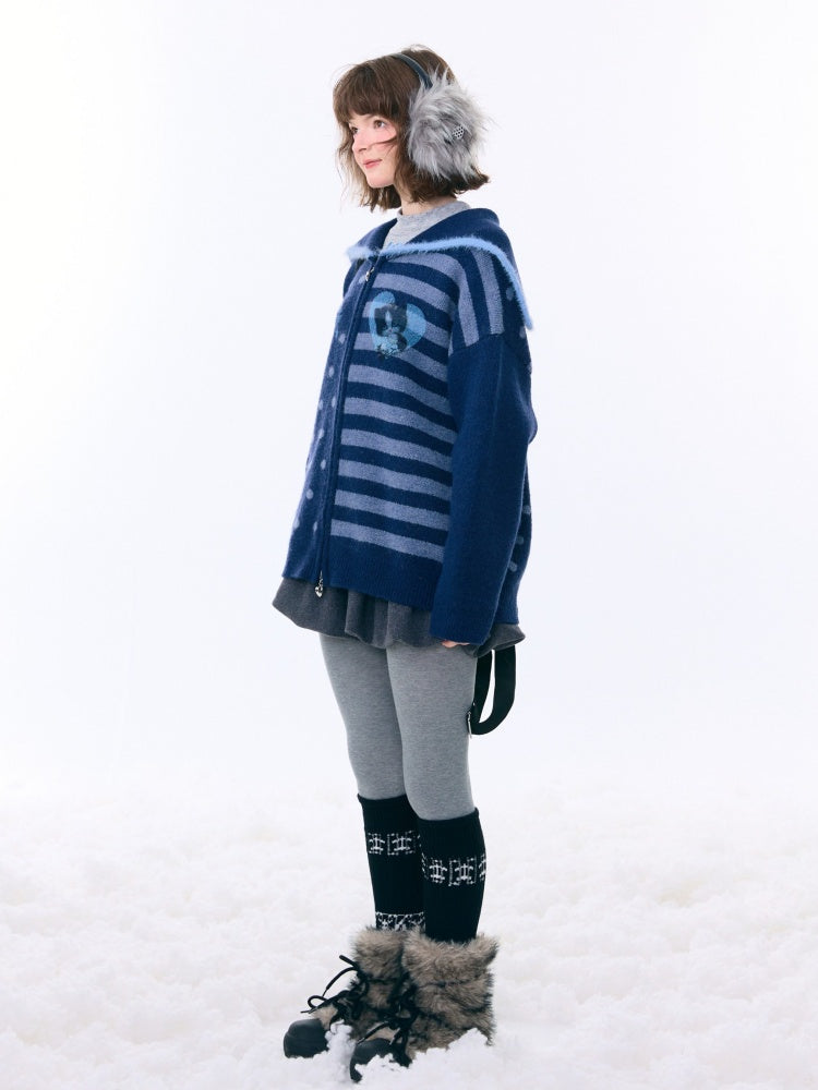 Navy Collar Print Slimming Sweater Cardigan Jacket【s0000015279】