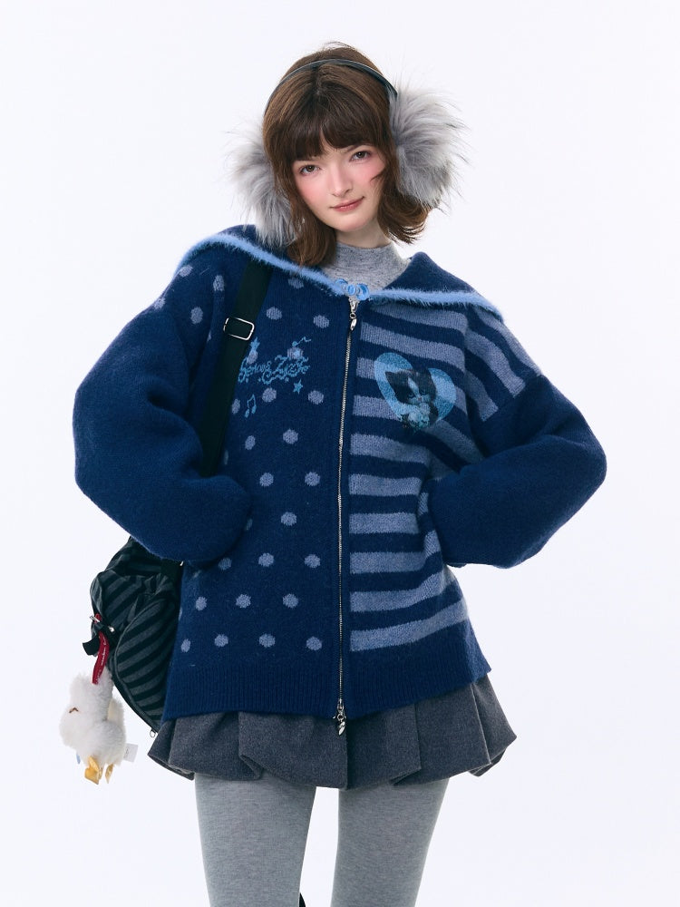 Navy Collar Print Slimming Sweater Cardigan Jacket【s0000015279】